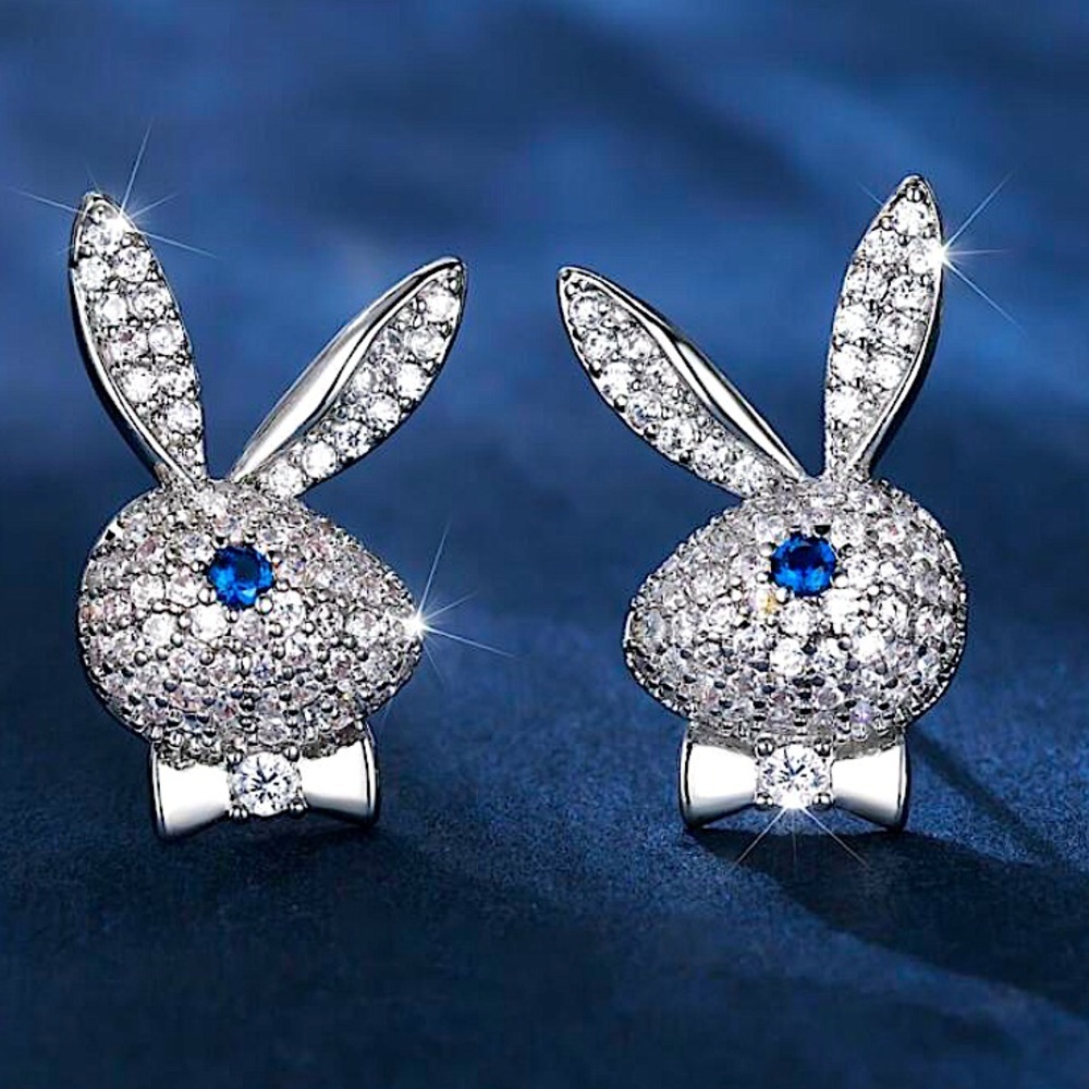 Sterling Silver Plated Stainless Steel Bunny Stud Blue Eye Crystal Earrings
